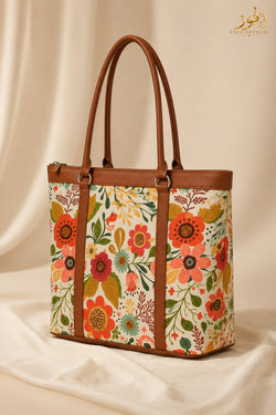 Fauz Official Garden Bloom Tan Trim Canvas Tote Bag