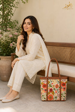 Fauz Official Garden Bloom Tan Trim Canvas Tote Bag
