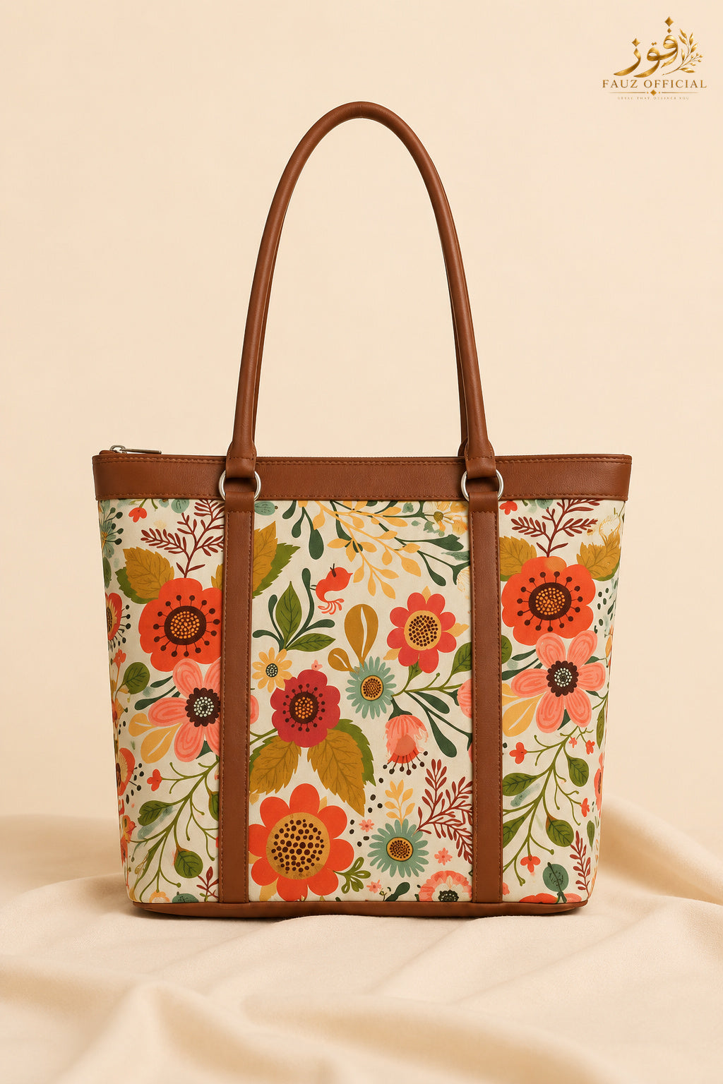 Fauz Official Garden Bloom Tan Trim Canvas Tote Bag