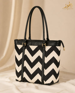 Fauz Official Monochrome Chevron Trimmed Canvas Tote Bag