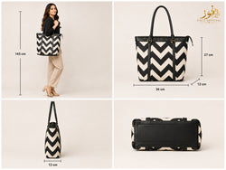 Fauz Official Monochrome Chevron Trimmed Canvas Tote Bag