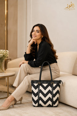 Fauz Official Monochrome Chevron Trimmed Canvas Tote Bag