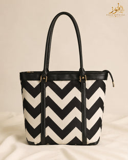 Fauz Official Monochrome Chevron Trimmed Canvas Tote Bag