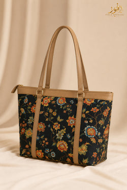Fauz Official Midnight Floral Tan Trim Canvas Tote Bag