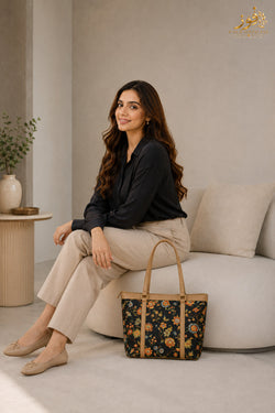 Fauz Official Midnight Floral Tan Trim Canvas Tote Bag