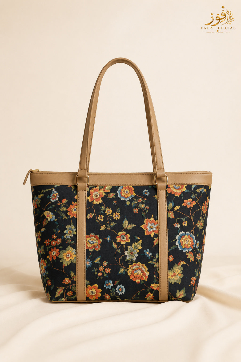 Fauz Official Midnight Floral Tan Trim Canvas Tote Bag