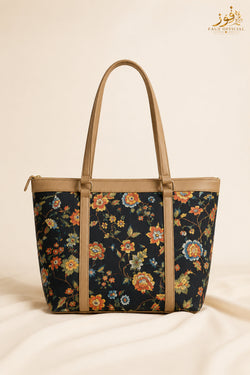 Fauz Official Midnight Floral Tan Trim Canvas Tote Bag
