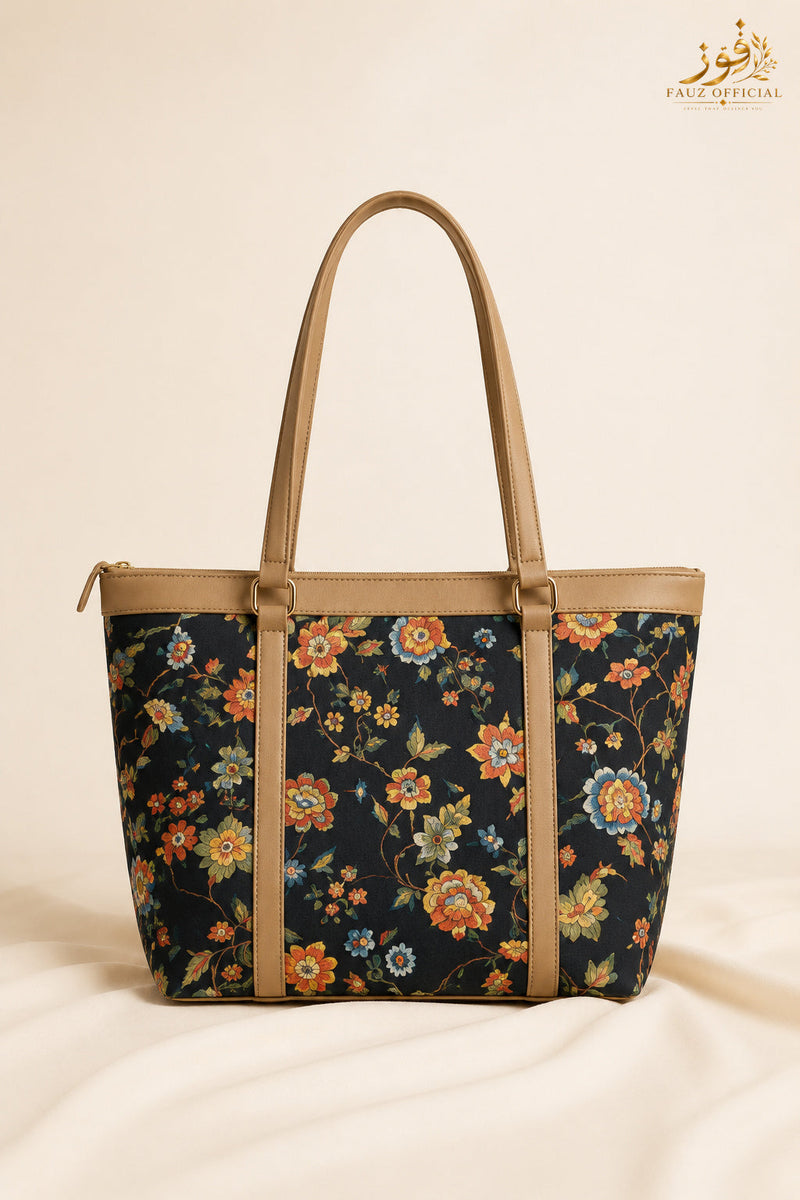 Fauz Official Midnight Floral Tan Trim Canvas Tote Bag