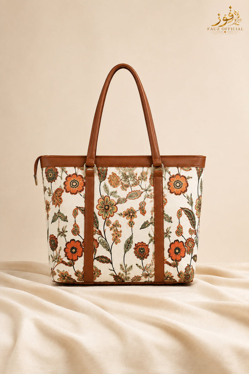 Fauz Official Ivory Folk Floral Canvas Tote Bag